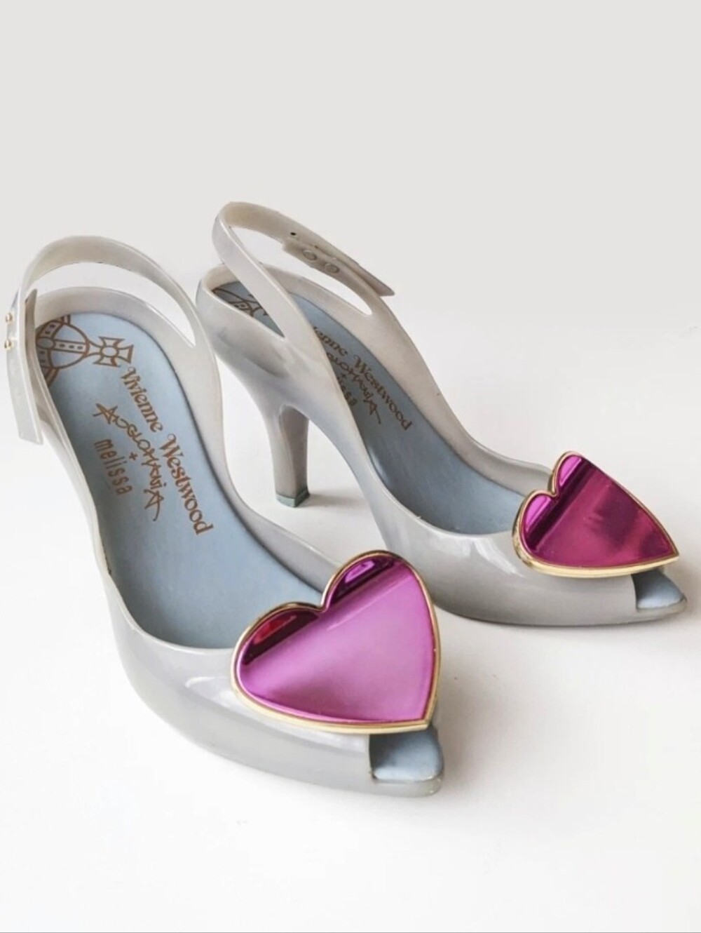 Vivienne Westwood Silver Slingback Jelly Heels with Pink Heart Toe